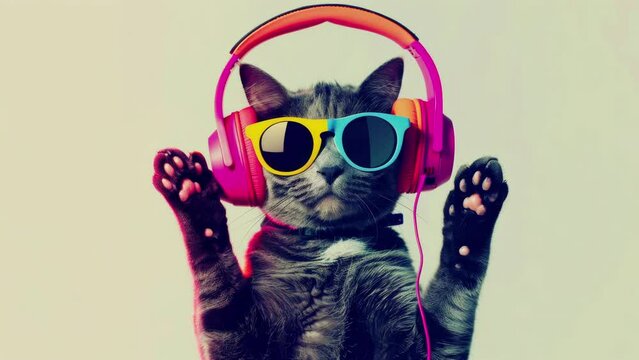 a cat with headphones and sunglasses in disco made with generative AI