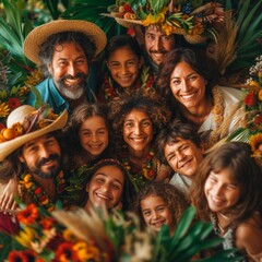 Happy multigenerational family wearing straw hats and flower leis.