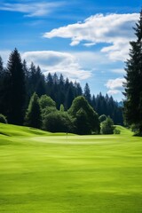 Fototapeta na wymiar Picturesque Golf Course with Verdant Green Fairways and Towering Trees Under a Clear Blue Sky