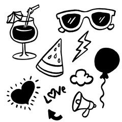 Doodle party elements for festive events. Hand drawn sketch illustration for invitations, banners, and posters.