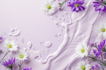 lilac white divorce background with flowers and drops of water. splash, soft, cosmetic background