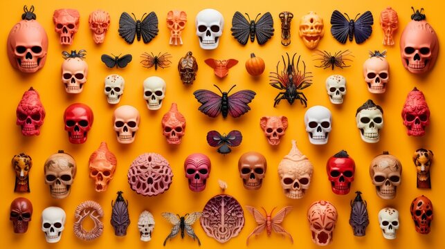 A Collection of Plastic Skulls, Pumpkins, Insects, and Butterflies