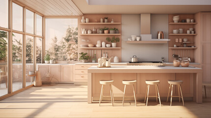 Fototapeta premium A house featuring wooden cabinetry, stools, and a large island in the kitchen