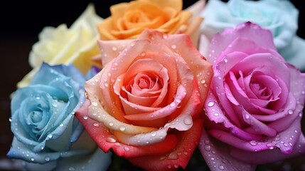 A bouquet of beautiful roses with water drops on the petals