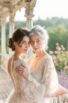 An elegant woman and her grandmother in a vintage-style wedding dress