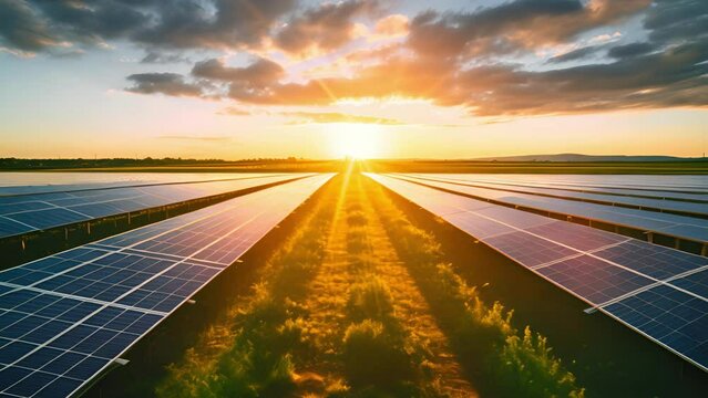 Solar panels in a field against a sunset background. Environment, renewable sources, power generation, alternative energy and ecology concept.