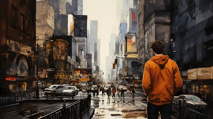 A dramatic image of an artist standing in the middle of a street, absorbed in drawing a self-portrait on a whiteboard, the surrounding buildings and bustling traffic adding a sense of urban drama - obrazy, fototapety, plakaty