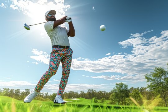 Black man playing golf and hitting golf ball with golf club