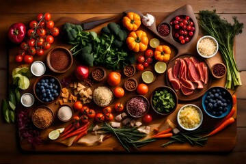 vegetables and spices, A tantalizing scene unfolds as a side view of a cutting board is covered by...