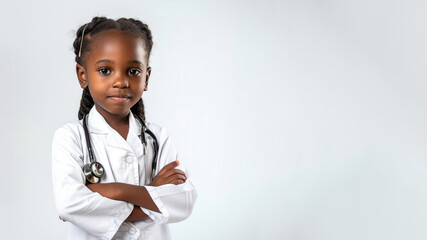 a studio portrait of little black girl dressed up as a doctor isolated on white background 