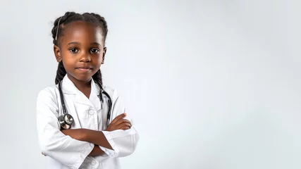 Fotobehang a studio portrait of little black girl dressed up as a doctor isolated on white background  © d-AI-n