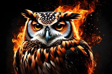 owl in fire, Portrait on black background,  Danger concept. digital art