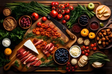 vegetables and spices on the table, A tantalizing scene unfolds as a side view of a cutting board is covered by an array of delicious food, its vibrant colors and textures creating a feast for the eye