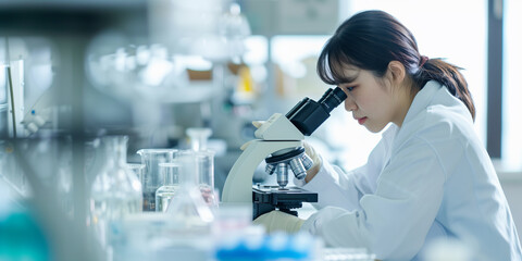 顕微鏡を覗く女性研究員