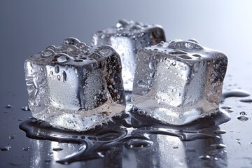 Three ice cubes melting on a reflective surface