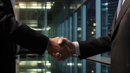 Businessmen shaking hands in an office building