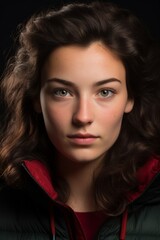 Naklejka premium Portrait of a young woman with long brown hair and green eyes wearing a dark green and red jacket