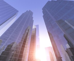 Skyscrapers in the sun, city landscape in the morning at sunrise, 3D rendering
