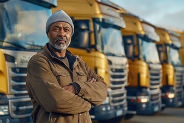 Confident senior truck fleet owner or driver standing proudly in front of his trucks.
