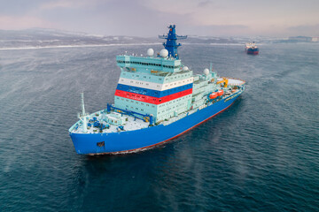 The new Russian nuclear icebreaker project 22220 in the Barents Sea. Murmansk region, Kola Bay.