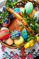 Basket with Easter eggs and paska for Easter. Ukrainian traditions for Easter