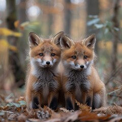 Playful red fox kits exploring a woodland, showcasing curiosity and cuteness. 