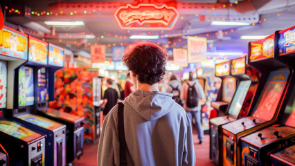 Young person standing in a vibrant retro arcade surrounded by colorful neon-lit gaming machines.