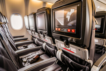 Airplane cabin interior with screens on the back of seats showing in-flight entertainment system during a flight. - obrazy, fototapety, plakaty