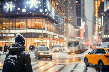 Man with a backpack walking on a snowy city street at night with festive lights and busy traffic.