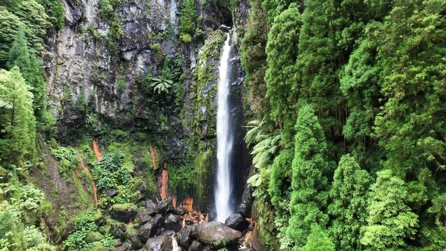 Majestuosidad Natural: Cascada Imponente en el Corazón del Bosque Verde Montañoso. Video drone 4k