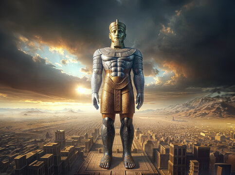 Nebuchadnezzar Dream: Gigantic Statue - made of four metals - head of gold full body image standing over ancient babylon