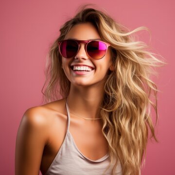 Portrait of a Smiling Blonde Woman Wearing Sunglasses