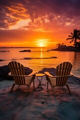 Two empty wooden chairs sit on a beach overlooking a calm sea at sunset