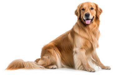A Golden Retriever sits on a white background
