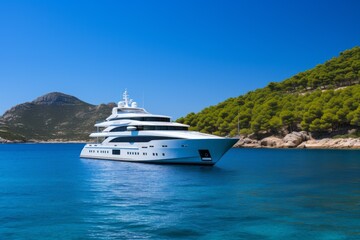 A sleek white yacht glides through the crystal clear waters of the Mediterranean Sea, surrounded by lush green hills.