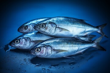 Obraz premium Fresh mackerel fish with a blue hue, presented on a dark, wet surface