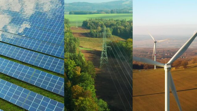 Collage of renewable green energy with solar power station, transmission lines and wind turbines.