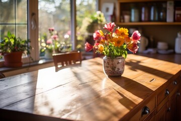 Still life of flowers in vase on wooden table by the window