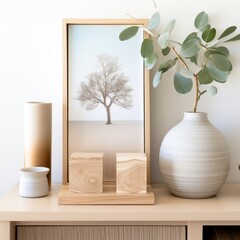 A wooden shelf with a picture of a tree, a vase, and some other objects