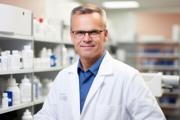 Portrait of a male pharmacist in a white coat standing in a pharmacy