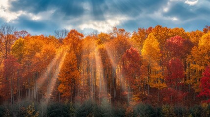 rays of sunlight shining through the colorful autumn forest