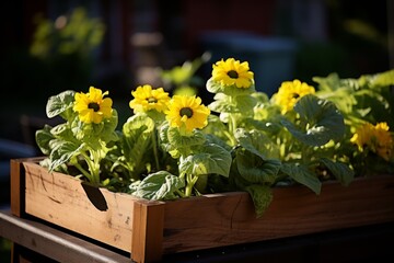 Vibrant yellow flowers bloom in a rustic wooden planter on a sunny day