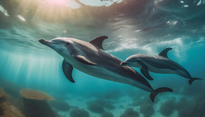 Tropical open water with wild dolphins swimming underwater, tropical animal, marine sea ocean theme