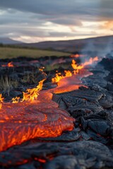 A lava river, as hot magma erupts from the ground and flows down. Generative AI