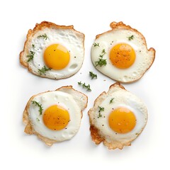 Crispy fried eggs with fresh dill on a white background