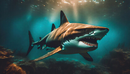 Fototapeta premium Ocean floor underwater seascape with shark, reef and natural sunlight through water surface, undersea marine wildlife tropical scenery