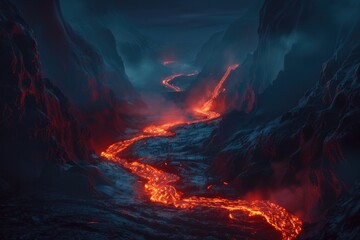 A lava river, as hot magma erupts from the ground and flows down. Generative AI - obrazy, fototapety, plakaty