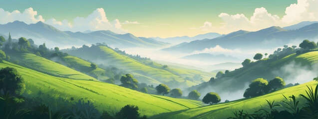 Lush green hills under morning mist—a refreshing and invigorating nature scenery illustration. - obrazy, fototapety, plakaty