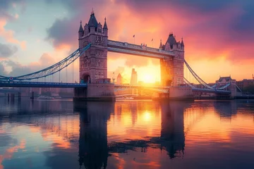 Fototapete Tower Bridge Tower Bridge at sunrise reflecting in the calm water of the River Thames in London, England