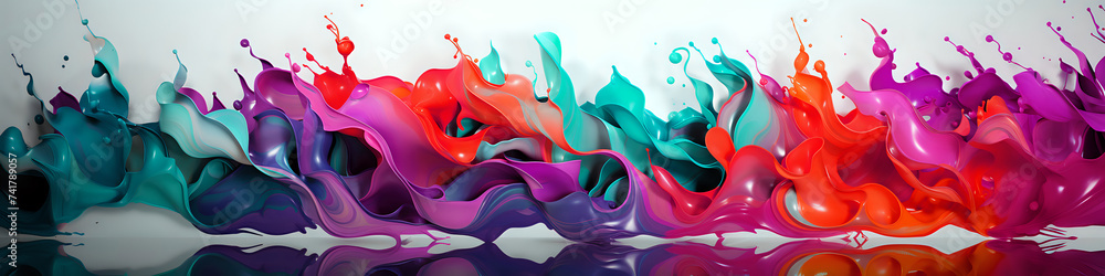 Poster dynamic color splash panorama. a vivid, wide-spanning display of paint splashes in a spectrum of col